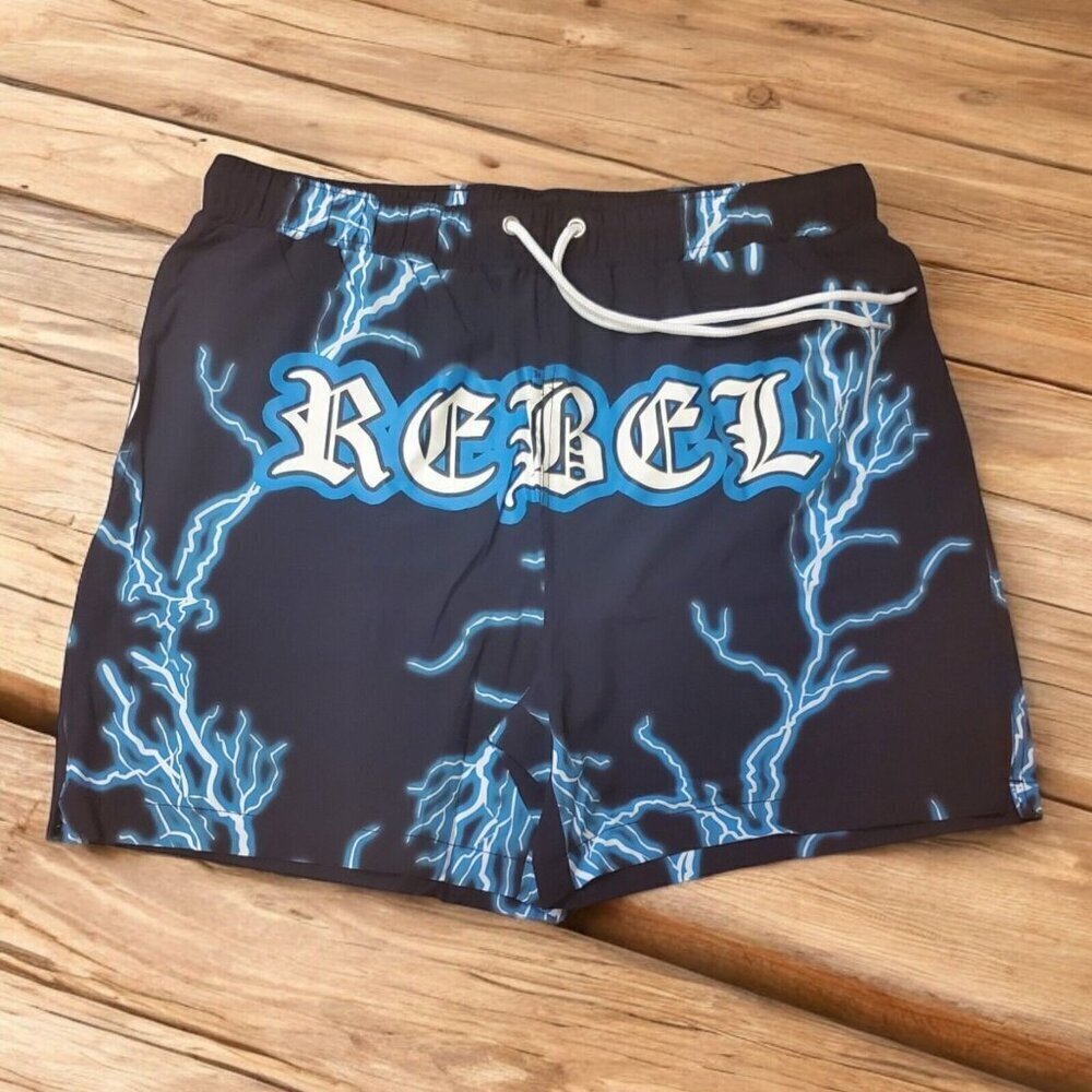 Fashion Nova Mens Size Lg‎ Swim Trunks Rebel Black Blue Lightening Bolts NWT